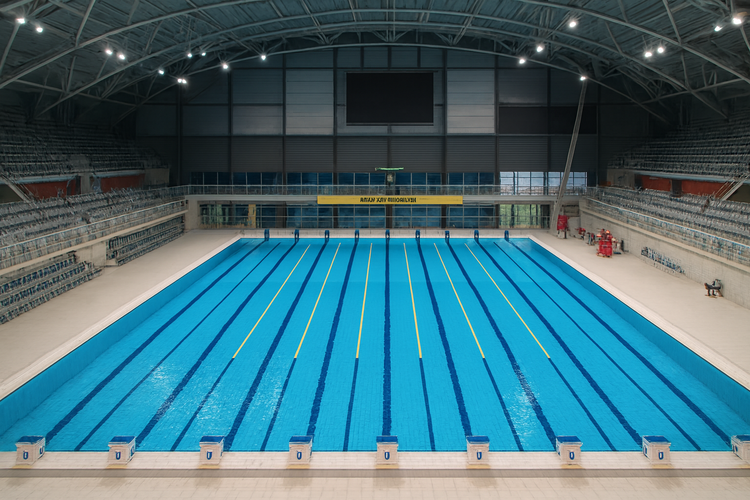 Overzicht van een Olympisch wedstrijdzwembad met startblokken.