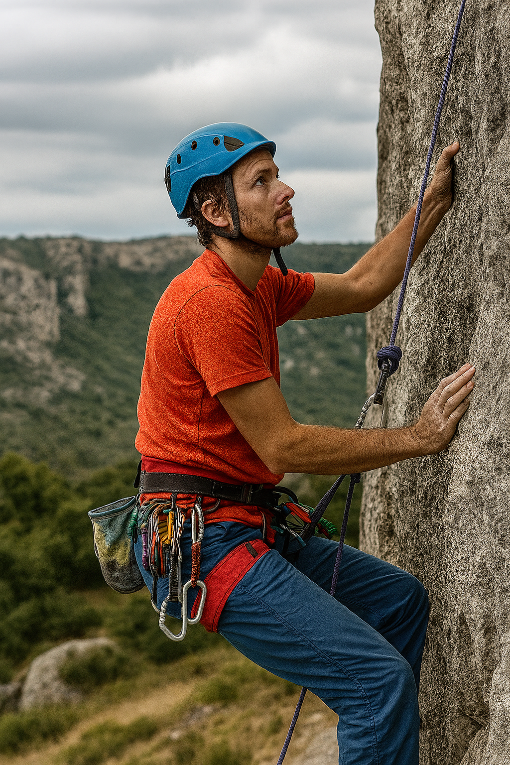 Veilige klimmer met helm en touw